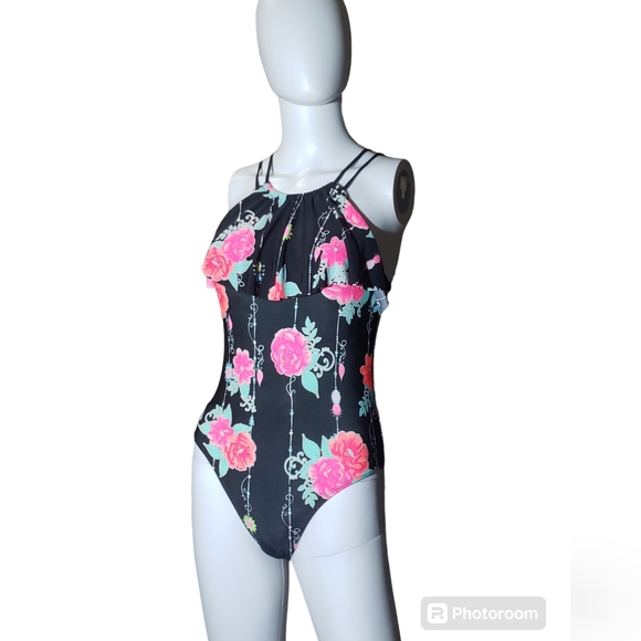 Beautiful Floral Bikini One-Piece Swim  🏊‍♂️ Black & Pink Women's Sz L (10,12) - Picture 1 of 14